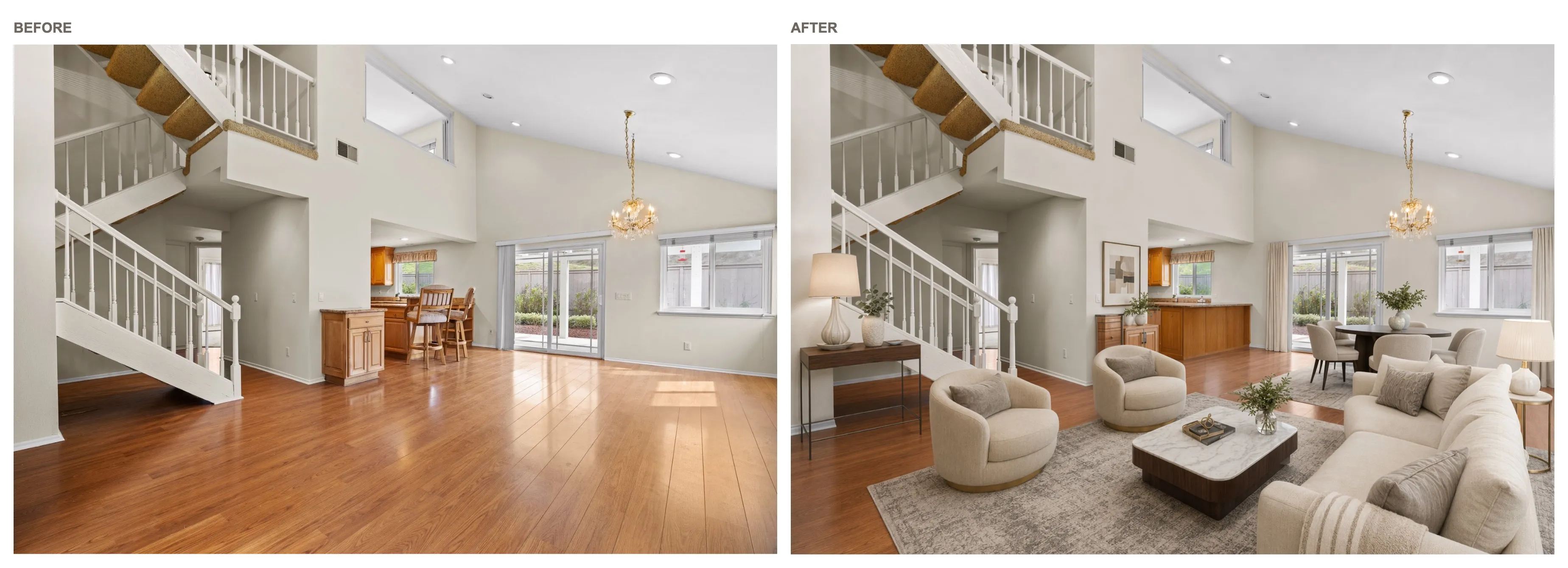 Before and after AI virtual staging comparison for an open living and dining room