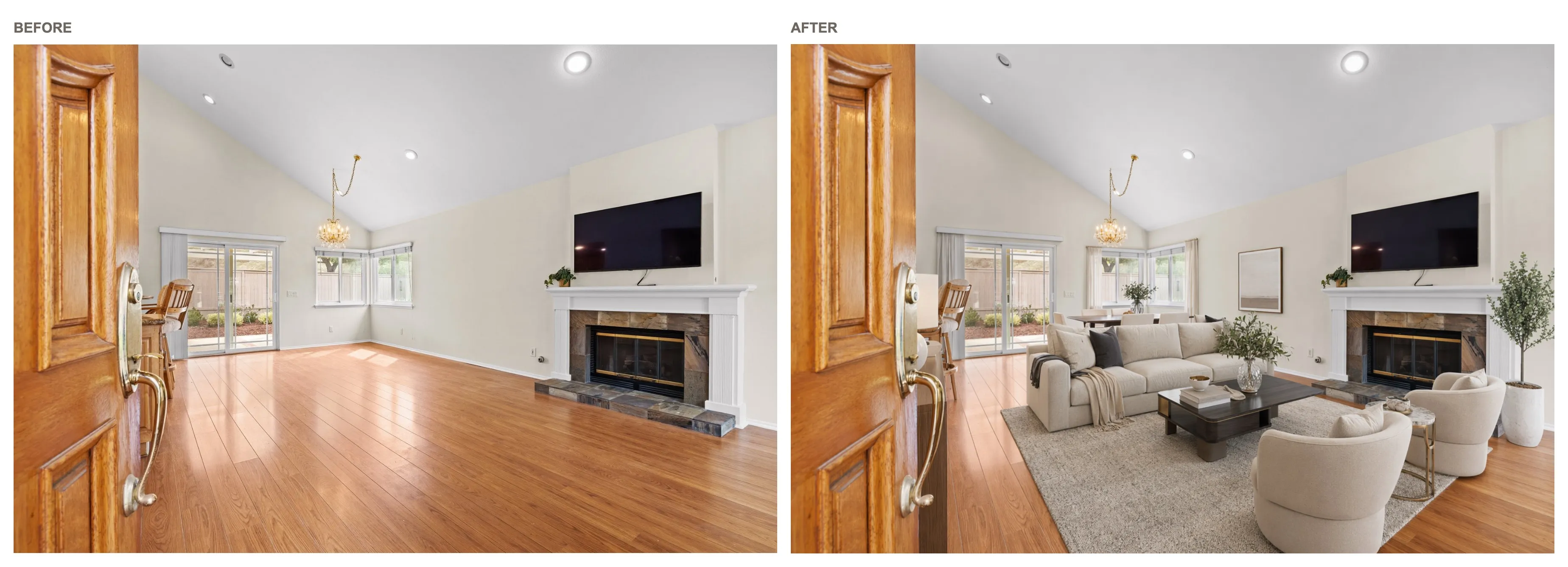Before and after AI virtual staging comparison for a bright living room