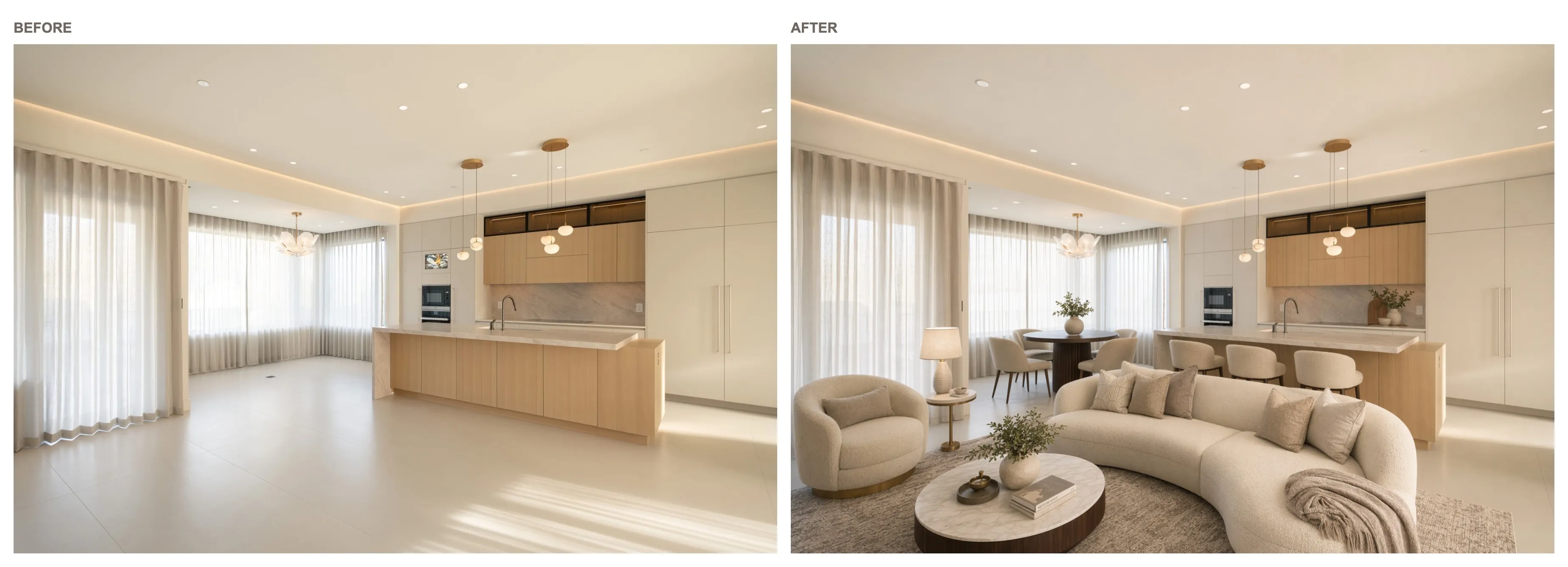 Before and after AI virtual staging comparison for a staged home interior
