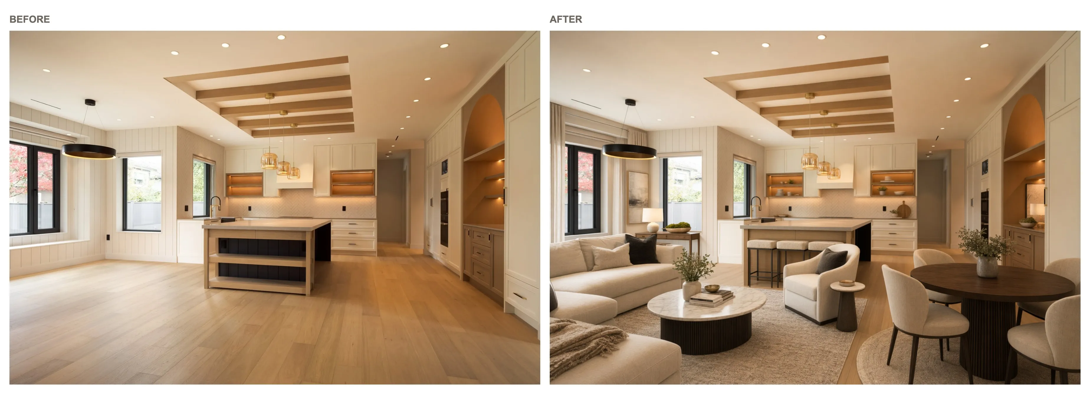 Before and after AI virtual staging comparison for a furnished listing photo